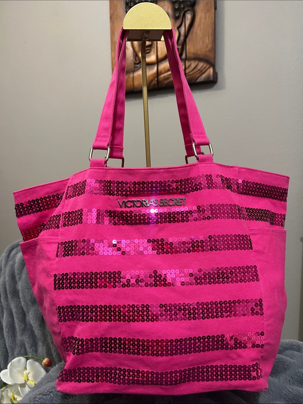 Victoria's Secret Hot Pink Sequin Stripe Tote NWOT retail $59